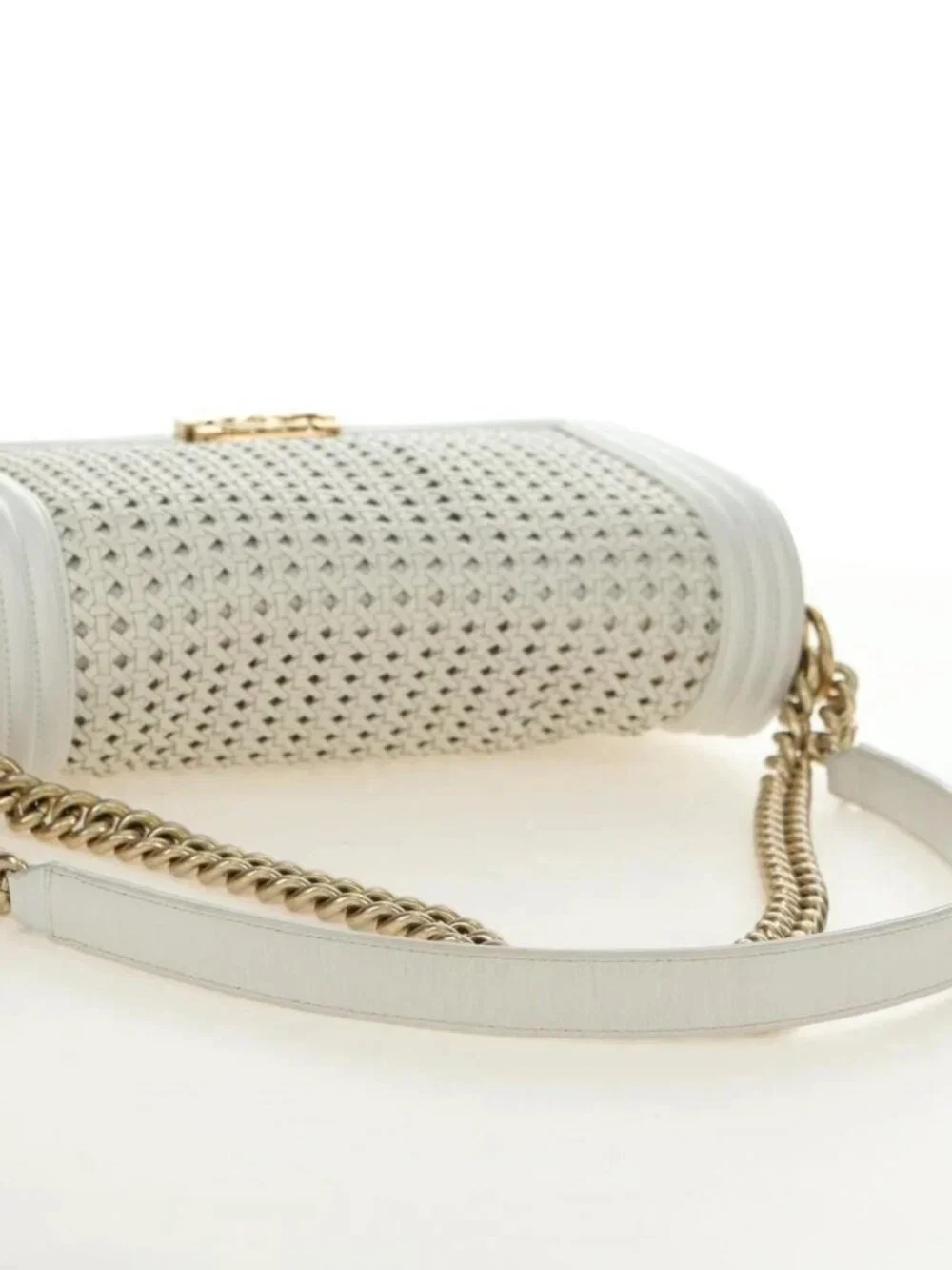 CHANEL Chain Boy Chanel Shoulder Bag Leather White Gold CC Auth ka4428V